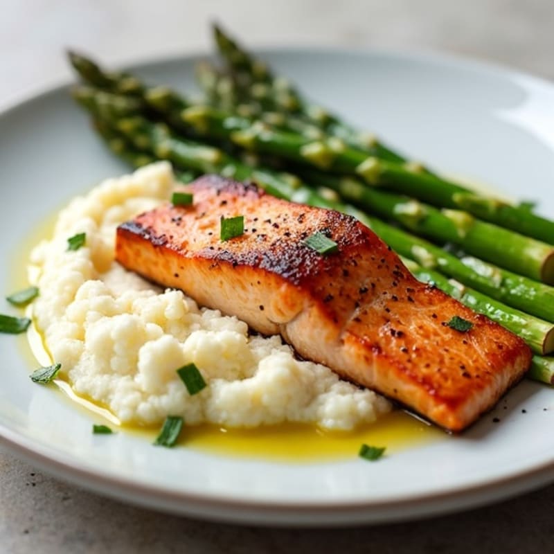 Seared Salmon with Roasted Asparagus and Mashed Cauliflower