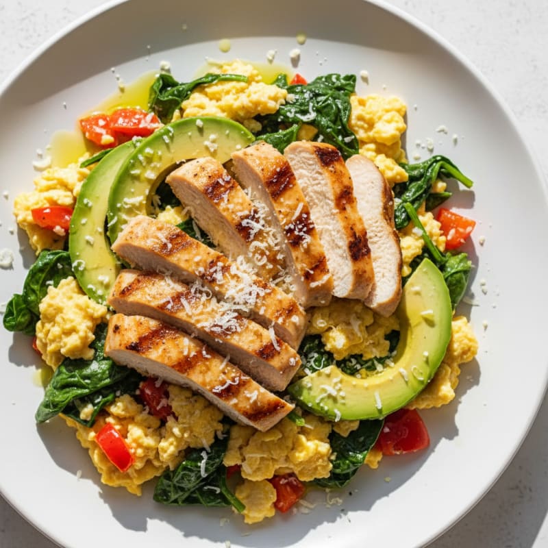 Veggie Egg Scramble with Grilled Chicken and Parmesan