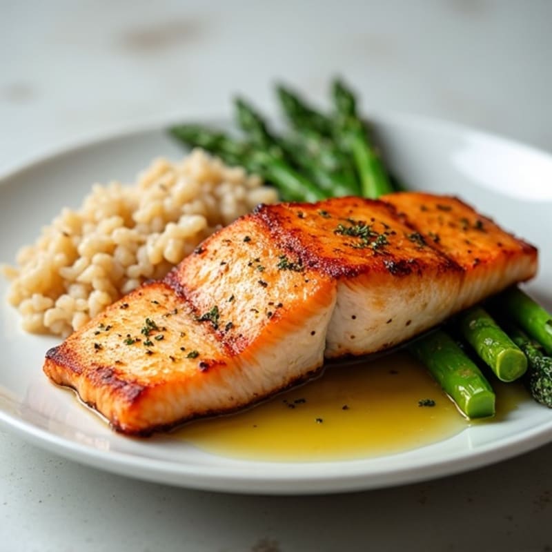 Seared Salmon with Steamed Asparagus and Brown Rice