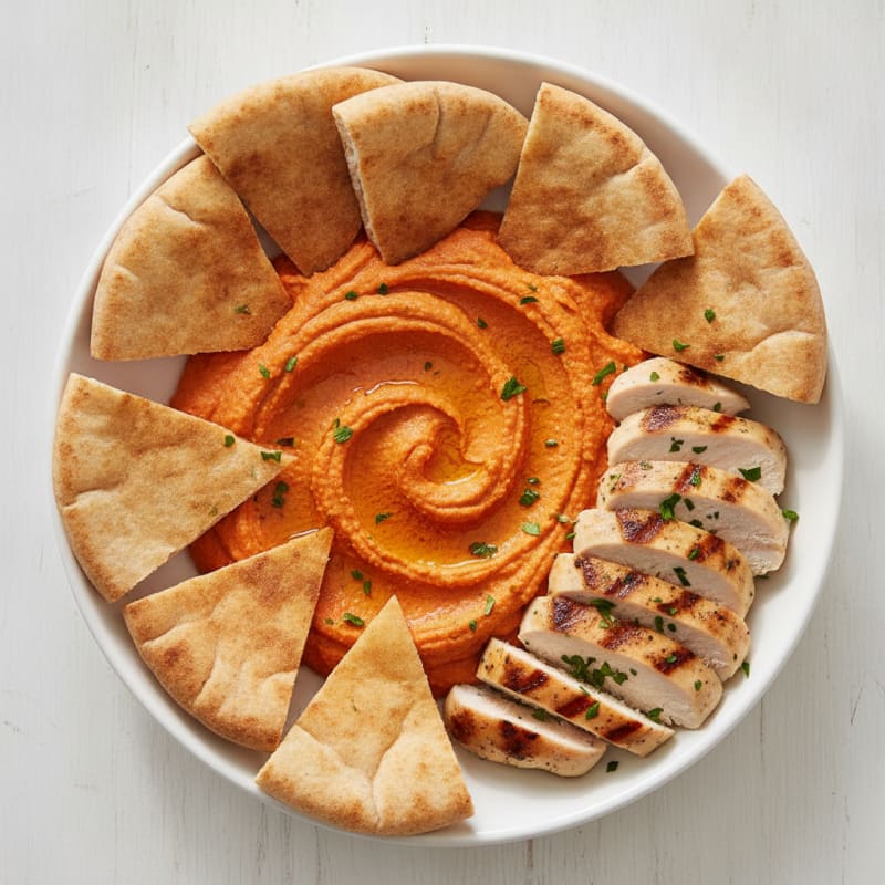 Roasted Red Pepper Hummus with Grilled Chicken and Toasted Pita