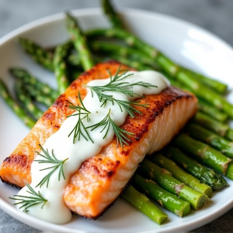 Seared Salmon with Steamed Asparagus and Lemon-Dill Yogurt Sauce