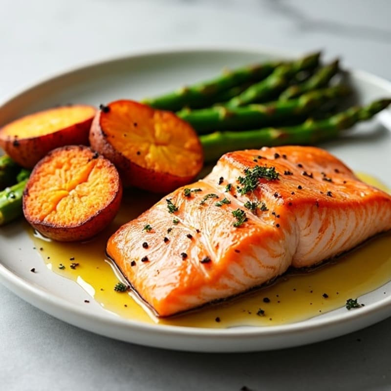 Seared Salmon with Roasted Asparagus and Sweet Potato