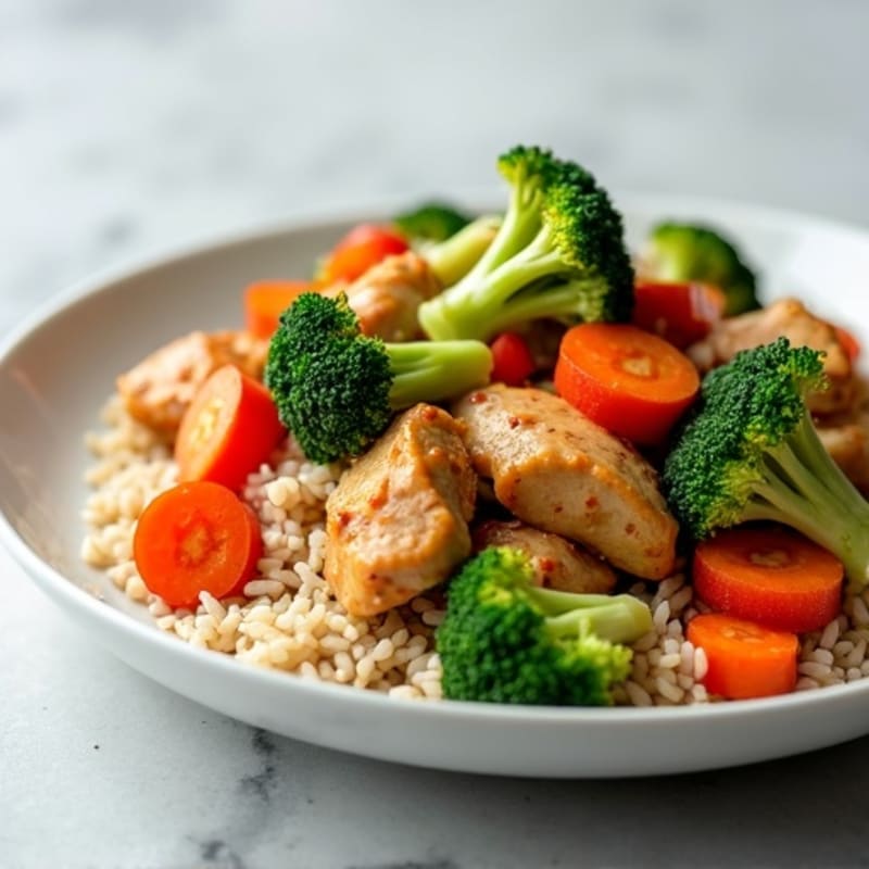 Healthy Chicken and Crispy Vegetable Stir-Fry with Rice