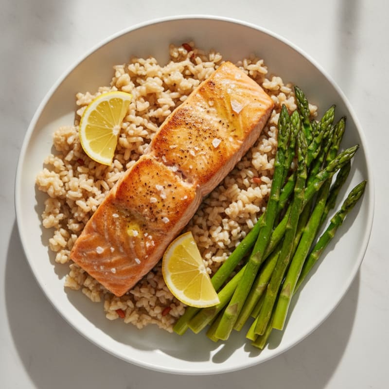 Seared Salmon with Steamed Asparagus and Brown Rice
