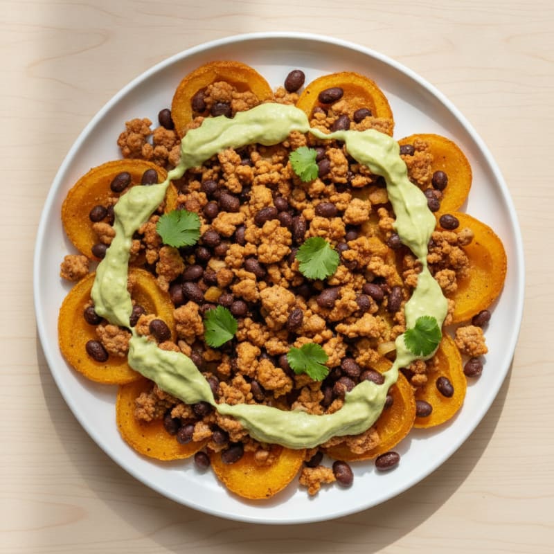 Loaded Black Bean Nachos with Avocado Crema