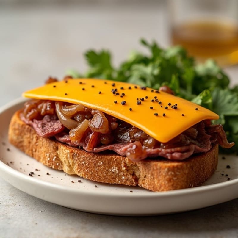 Hearty Roast Beef and Sharp Cheddar Whole Grain Toast with Caramelized Onions