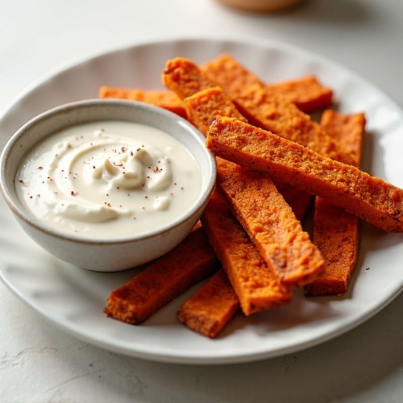 Crispy Cinnamon Sweet Potato Sticks with Creamy Vanilla Protein Dip