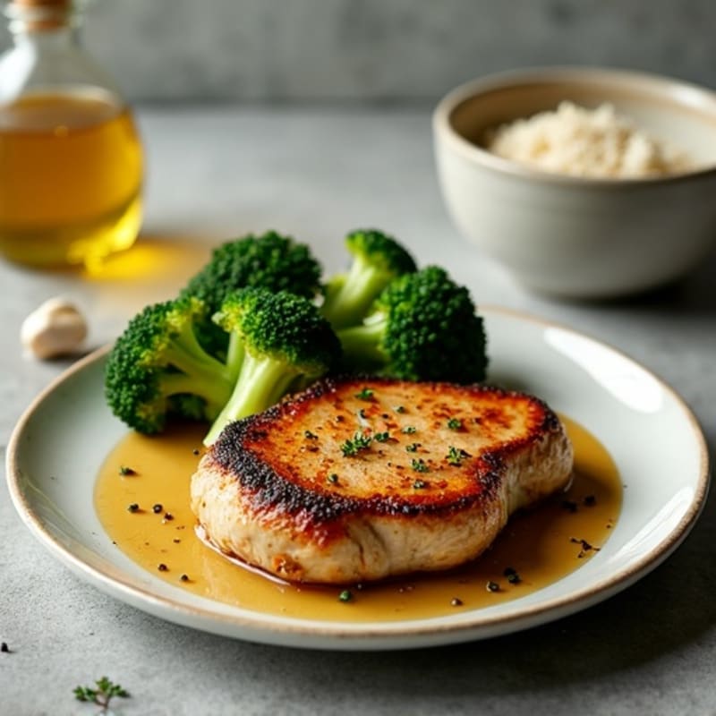 Garlic Pan-Seared Pork Loin Chop with Roasted Broccoli