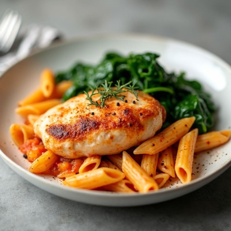 Spicy Paprika Garlic Chicken Pasta with Sautéed Spinach