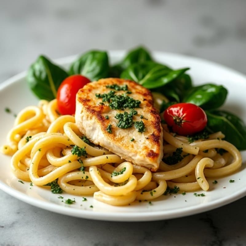 Creamy Pesto Chicken Pasta with Blistered Tomatoes and Spinach