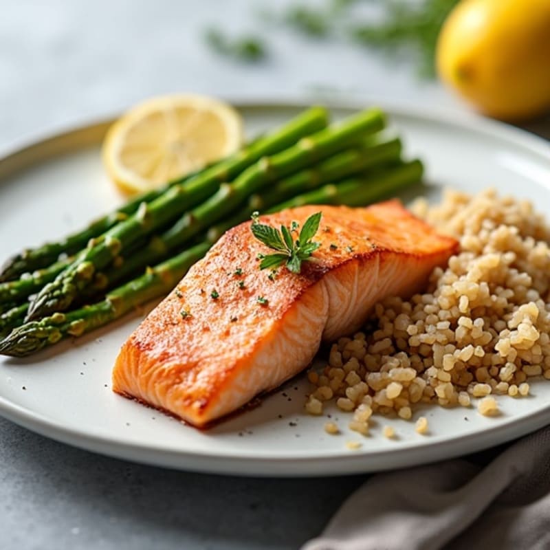 Seared Salmon with Steamed Asparagus and Brown Rice
