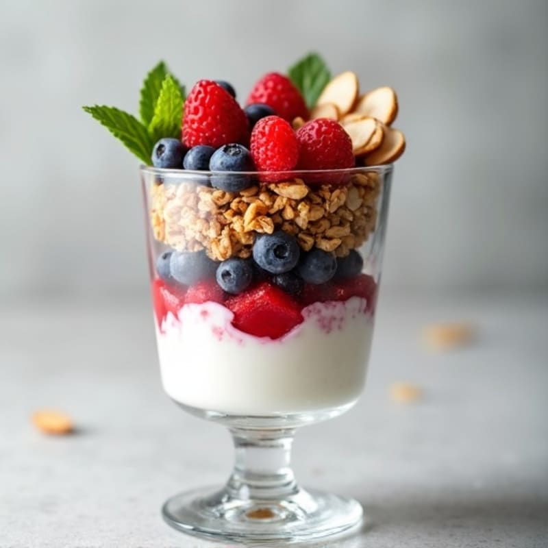 Greek Yogurt Parfait with Crunchy Almond Granola and Mixed Berries