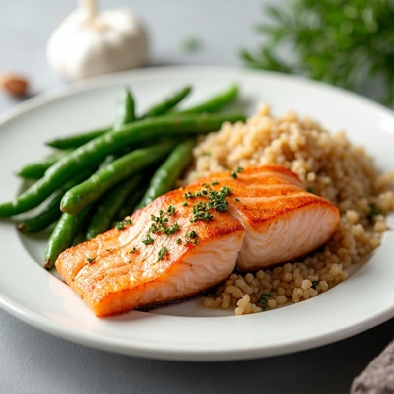 Seared Salmon with Garlic Green Beans and Brown Rice