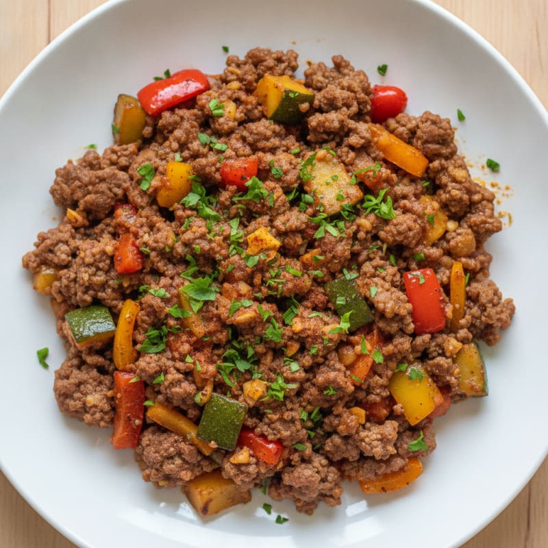 Savory Ground Beef and Rainbow Vegetable Skillet