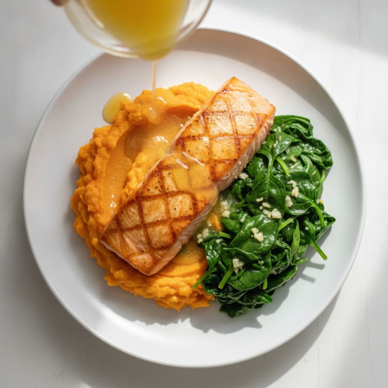 Seared Salmon with Garlic Spinach and Sweet Potato Mash