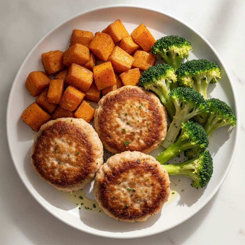 Seared Turkey Patties with Roasted Sweet Potato and Steamed Broccoli