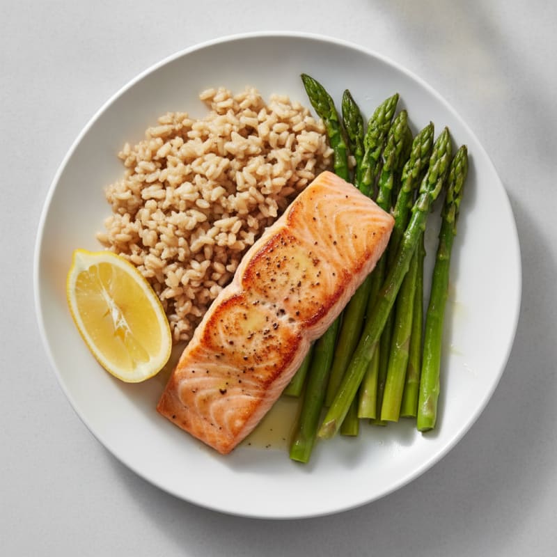 Seared Salmon with Steamed Asparagus and Brown Rice