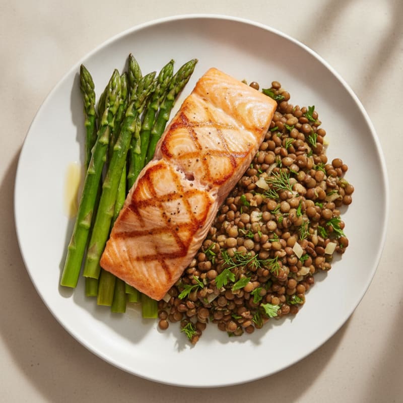 Seared Salmon Fillet with Lentil Salad and Steamed Asparagus