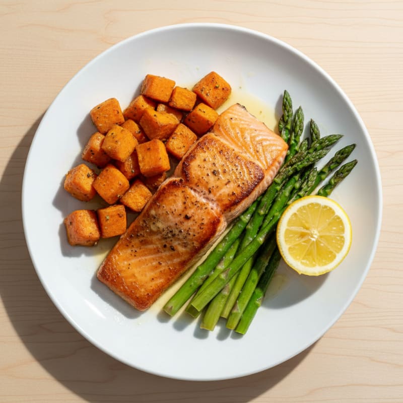 Seared Salmon with Roasted Sweet Potato and Asparagus
