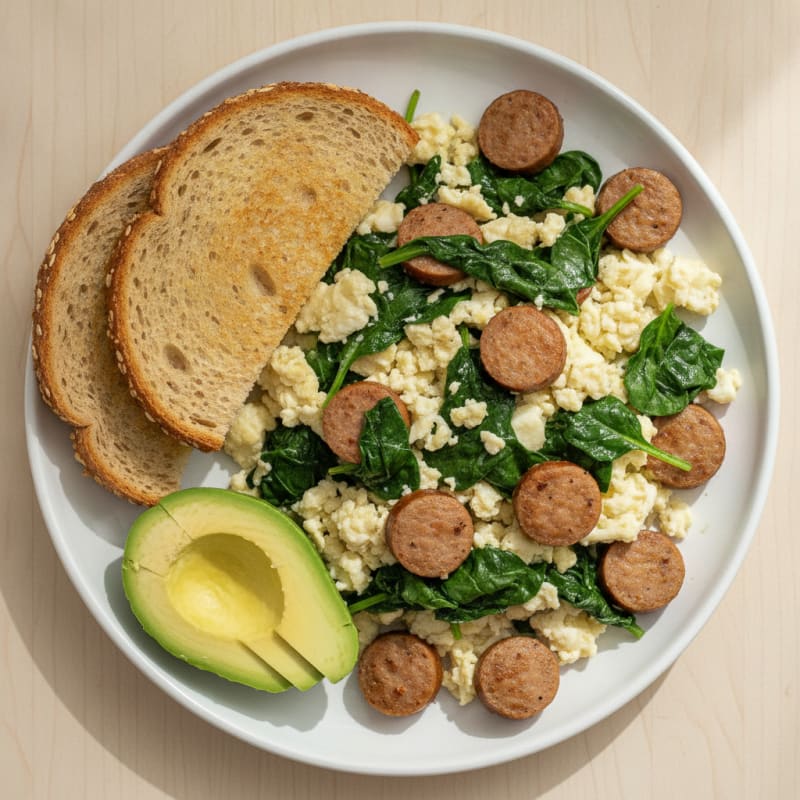 Egg White Scramble with Turkey Sausage and Sautéed Spinach