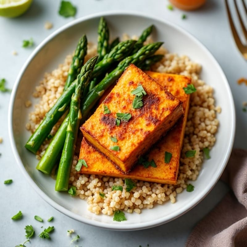 Crispy Baked Tofu with Roasted Asparagus and Quinoa