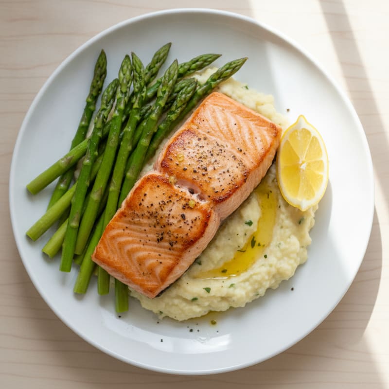Seared Salmon with Steamed Asparagus and Cauliflower Mash