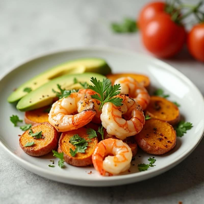 Spicy Garlic Shrimp with Creamy Avocado Dressing and Roasted Sweet Potatoes