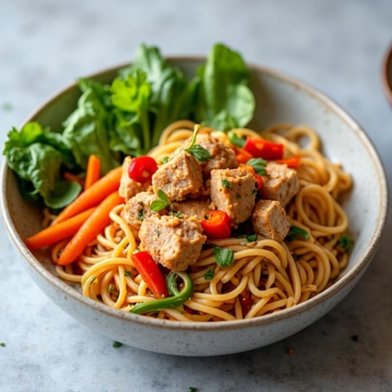 Lean Ground Pork Spicy Peanut Noodles with Fresh Greens