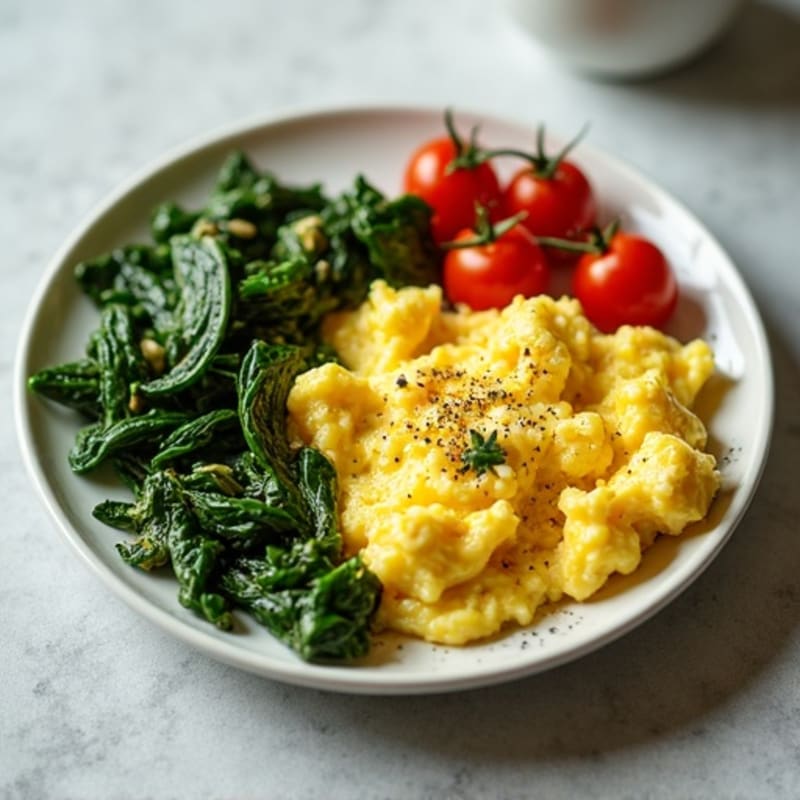 Fluffy Scrambled Eggs with Sautéed Spinach and Cherry Tomatoes