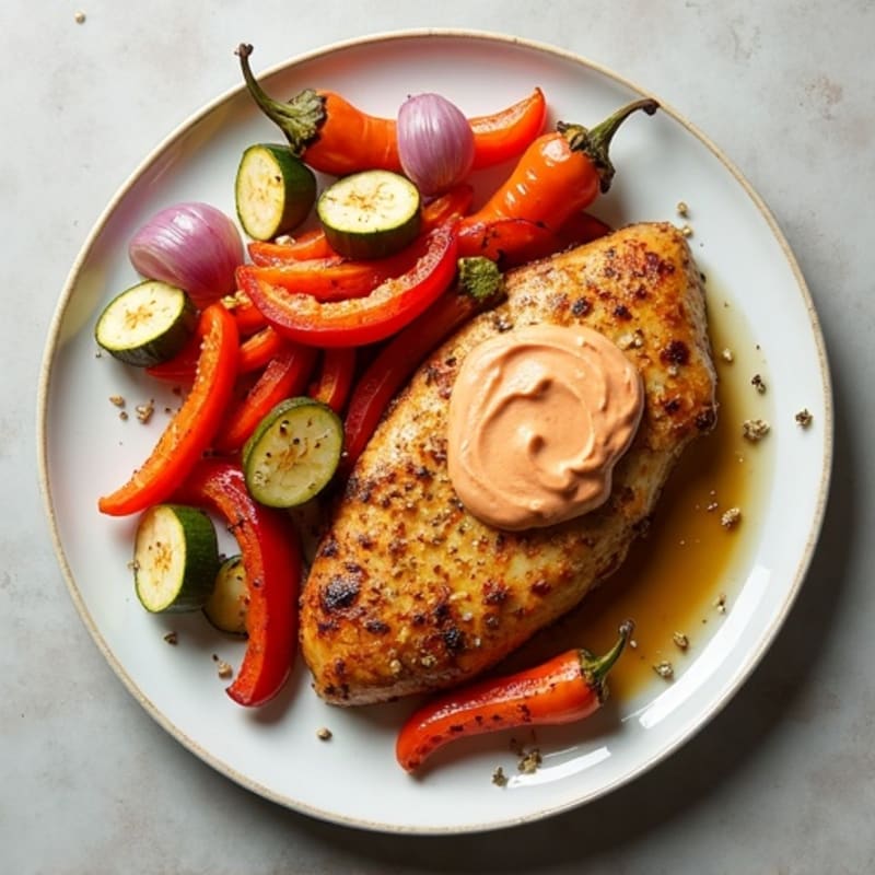 Sheet Pan Chicken and Roasted Vegetables with Creamy Red Pepper Hummus