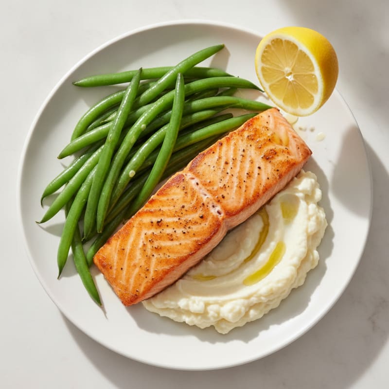 Seared Salmon with Steamed Green Beans and Mashed Cauliflower