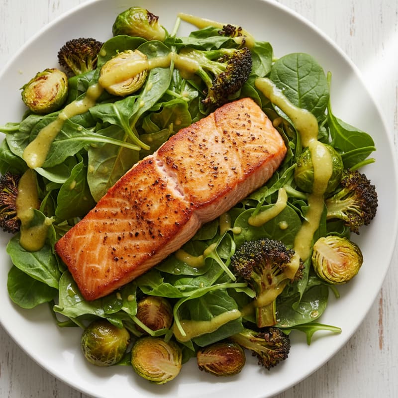 Seared Salmon Salad with Roasted Brussels Sprouts and Broccoli