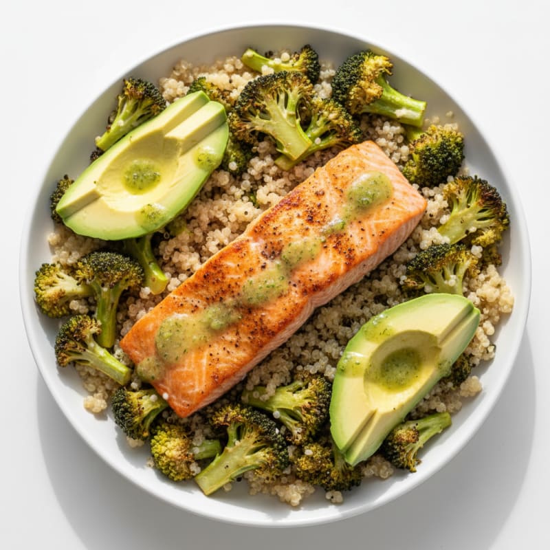 Pan-Seared Salmon with Garlic Roasted Broccoli and Quinoa