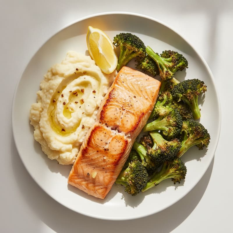 Seared Salmon with Roasted Broccoli and Garlic Mashed Cauliflower