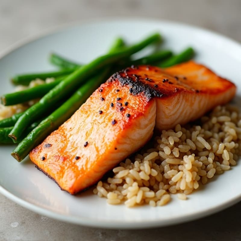 Seared Salmon Fillet with Steamed Green Beans and Brown Rice