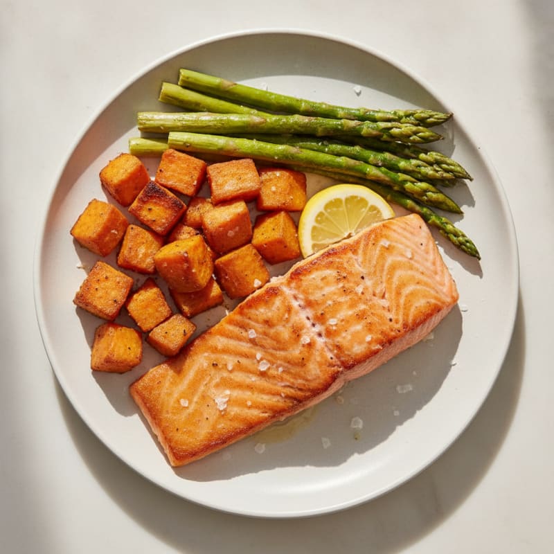Seared Salmon with Roasted Sweet Potato and Asparagus
