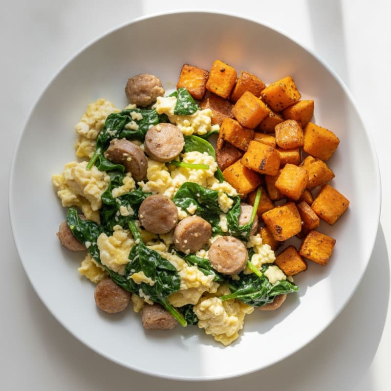 Egg White and Turkey Sausage Scramble with Spinach and Roasted Sweet Potatoes