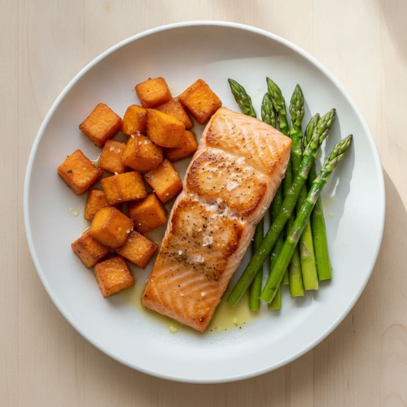 Seared Salmon Fillet with Roasted Sweet Potatoes and Asparagus
