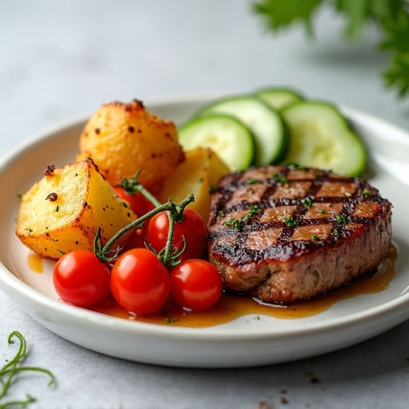 Seared Lean Beef with Roasted Potato and Tomato Medley