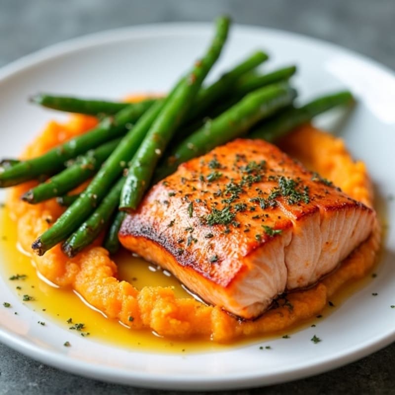 Seared Salmon with Garlic Green Beans and Sweet Potato Mash