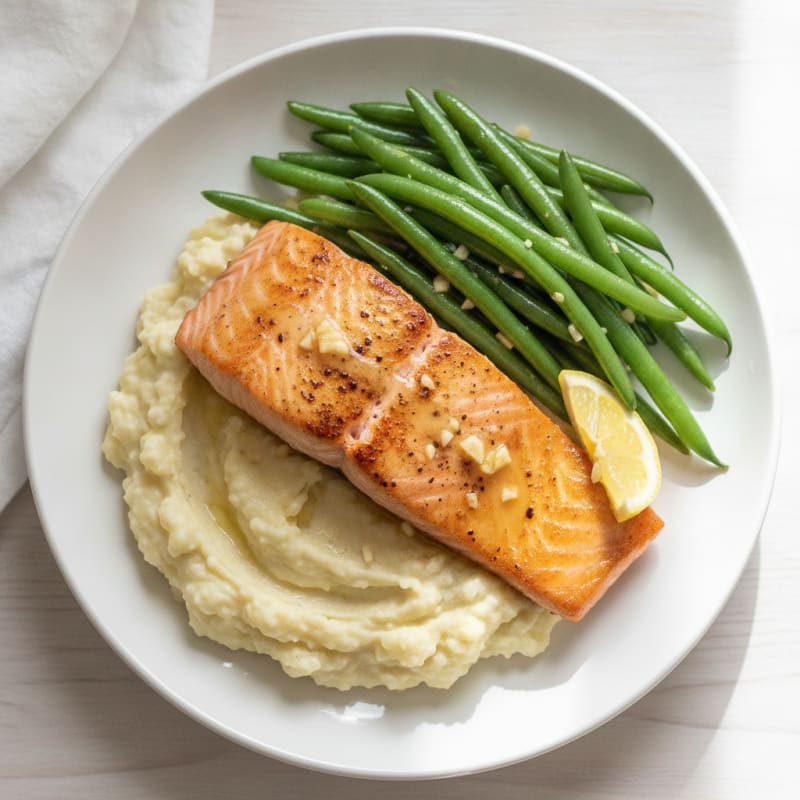 Seared Salmon with Steamed Green Beans and Garlic Cauliflower Mash