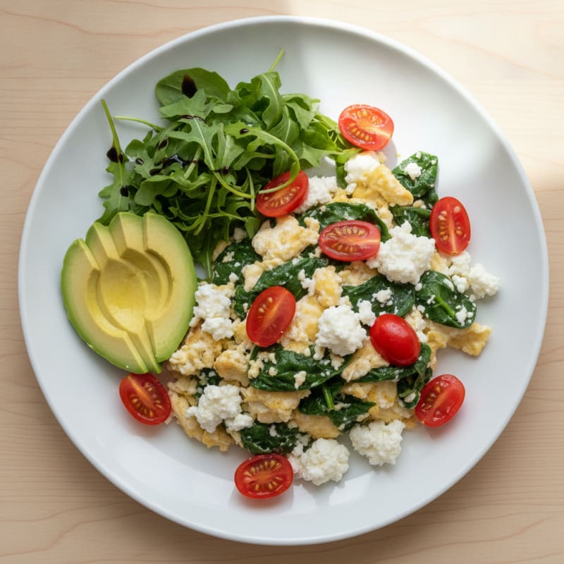 Egg White and Spinach Scramble with Cottage Cheese and Cherry Tomatoes