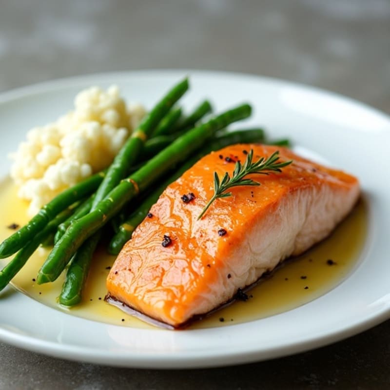 Seared Salmon with Steamed Green Beans and Cauliflower Mash