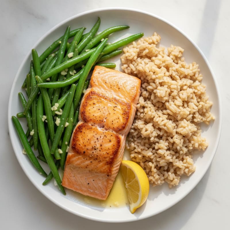 Seared Salmon with Garlic Green Beans and Brown Rice