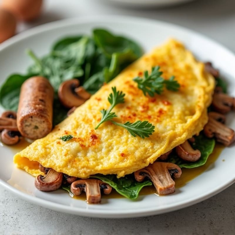 Egg White Spinach Omelet with Turkey Sausage and Sautéed Mushrooms