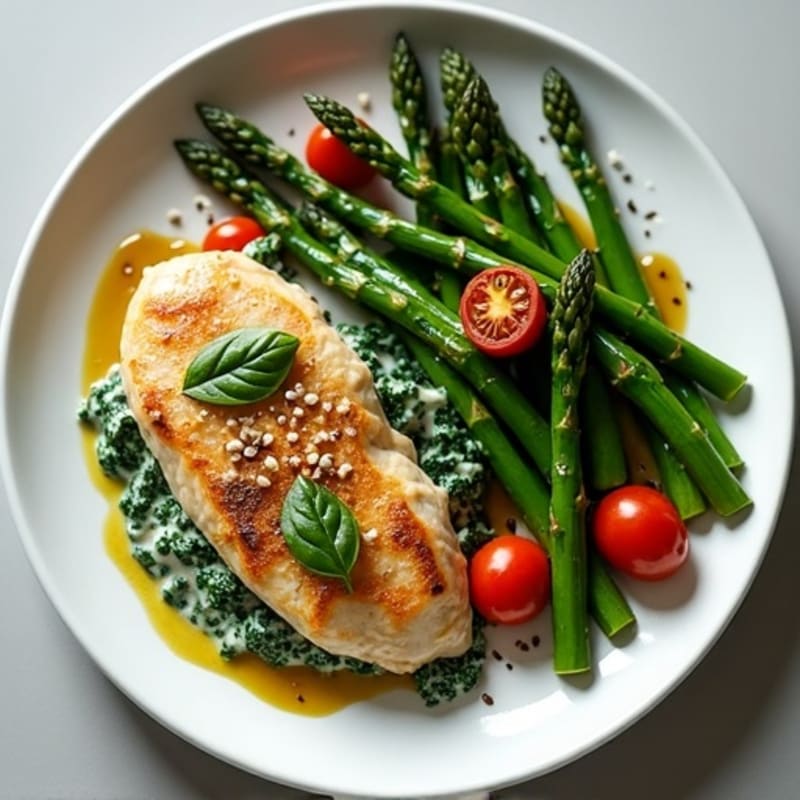 Pan-Seared Chicken with Creamy Spinach and Roasted Asparagus