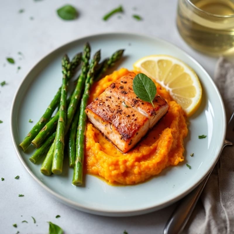 Seared Salmon with Steamed Asparagus and Sweet Potato Mash