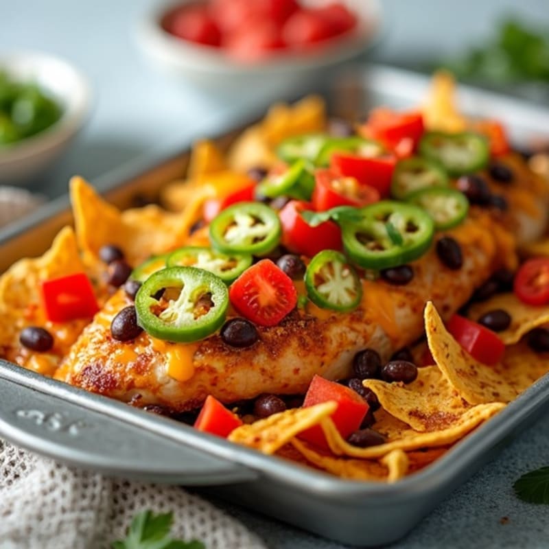 Crispy Sheet Pan Spicy Chicken Nacho Bake