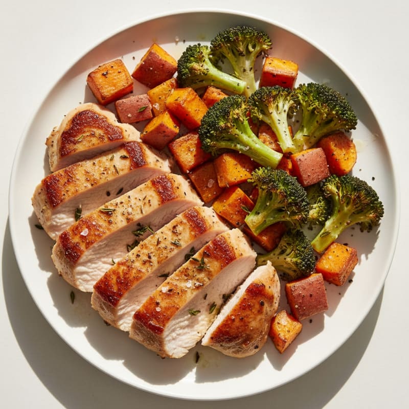 Seared Turkey Breast with Roasted Broccoli and Sweet Potato