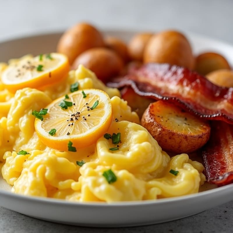 Scrambled Eggs with Crispy Bacon and Sautéed Potatoes